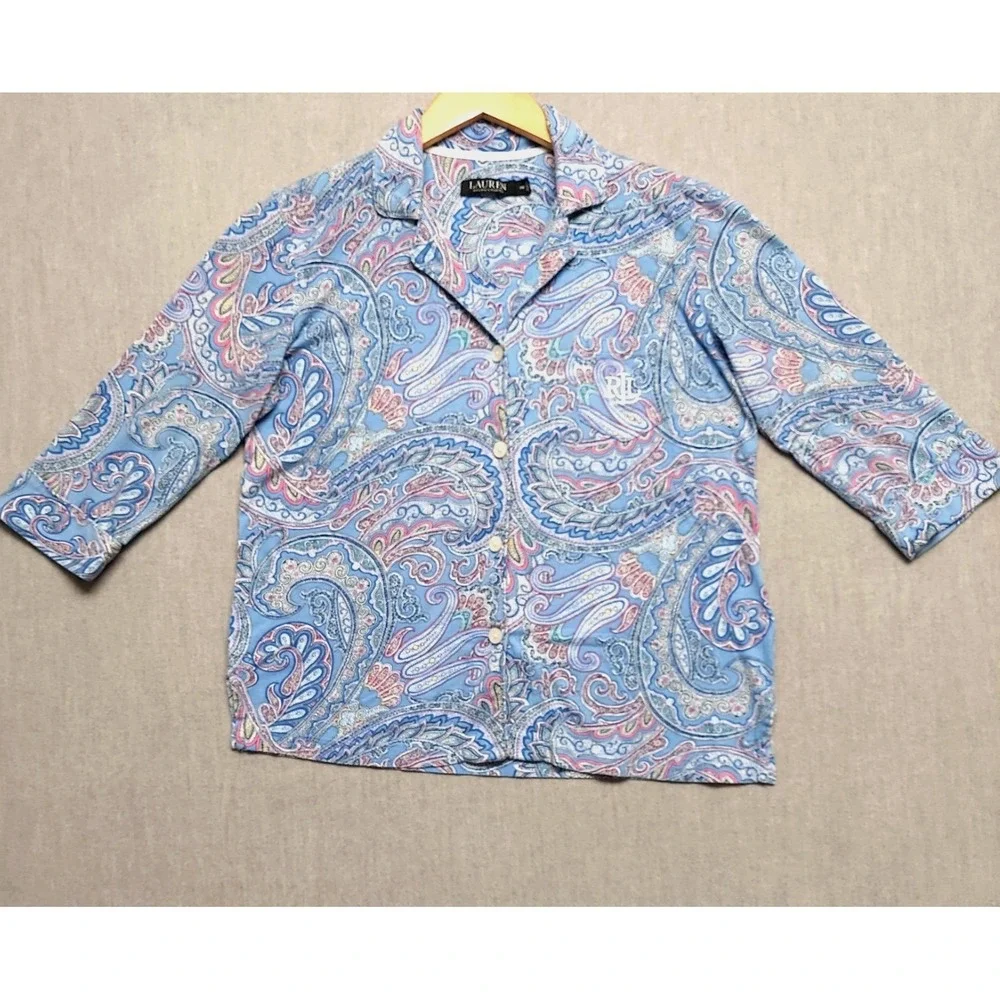 Lauren Ralph Lauren Women PM Blue Paisley‎ Pajama Top Button Classic Sleepwear